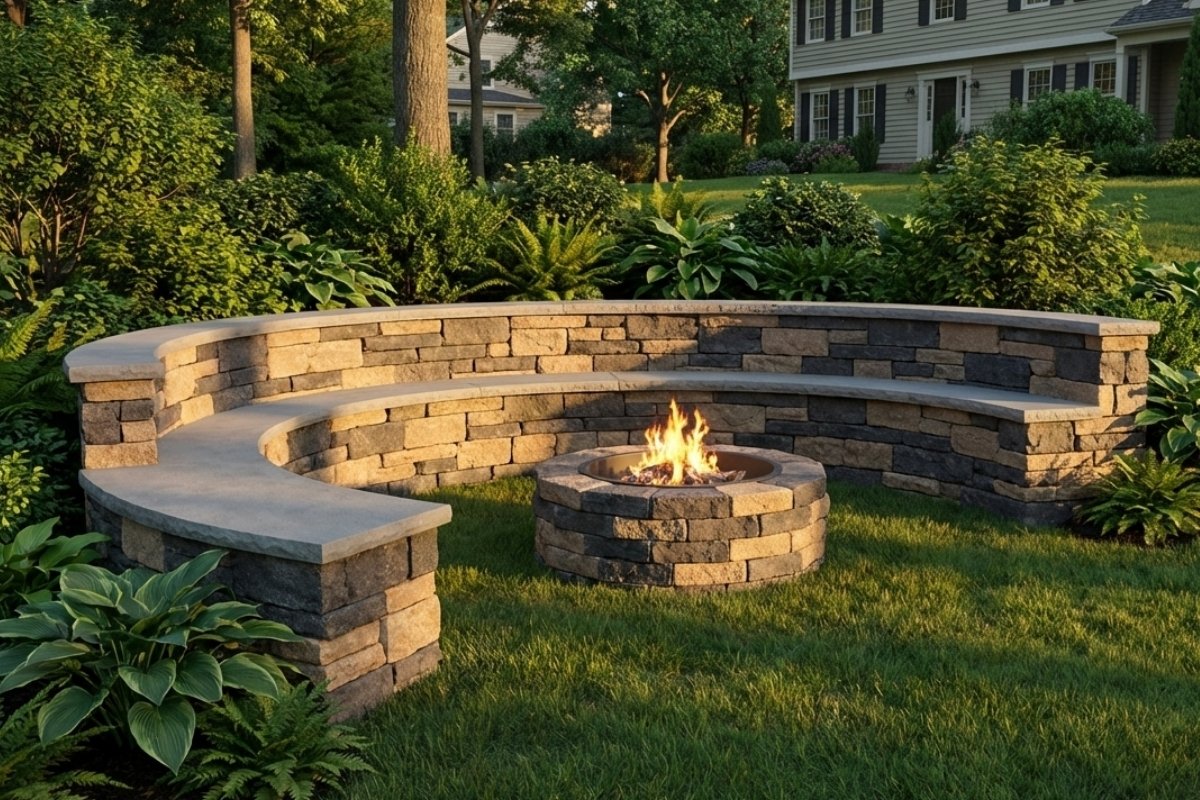 Finished stone retaining wall with gravel path